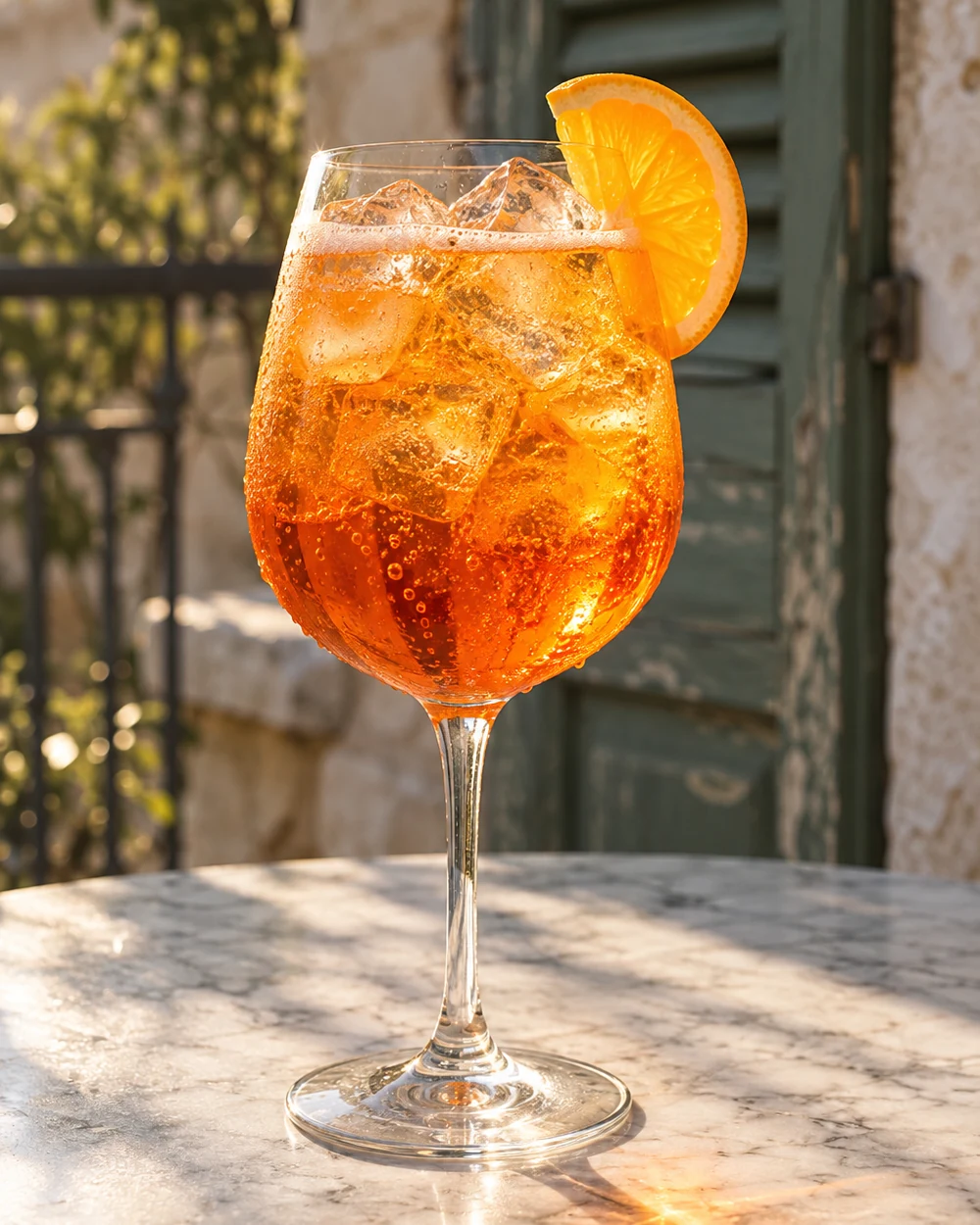 Коктейль Апероль Шприц (Aperol Spritz) у келиху для вина з льодом і скибочкою апельсина на мармуровому столику тераси