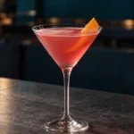 Коктейль Космополітен (Cosmopolitan) у коктейльному келиху з апельсиновою цедрою на кам’яній барній стійці