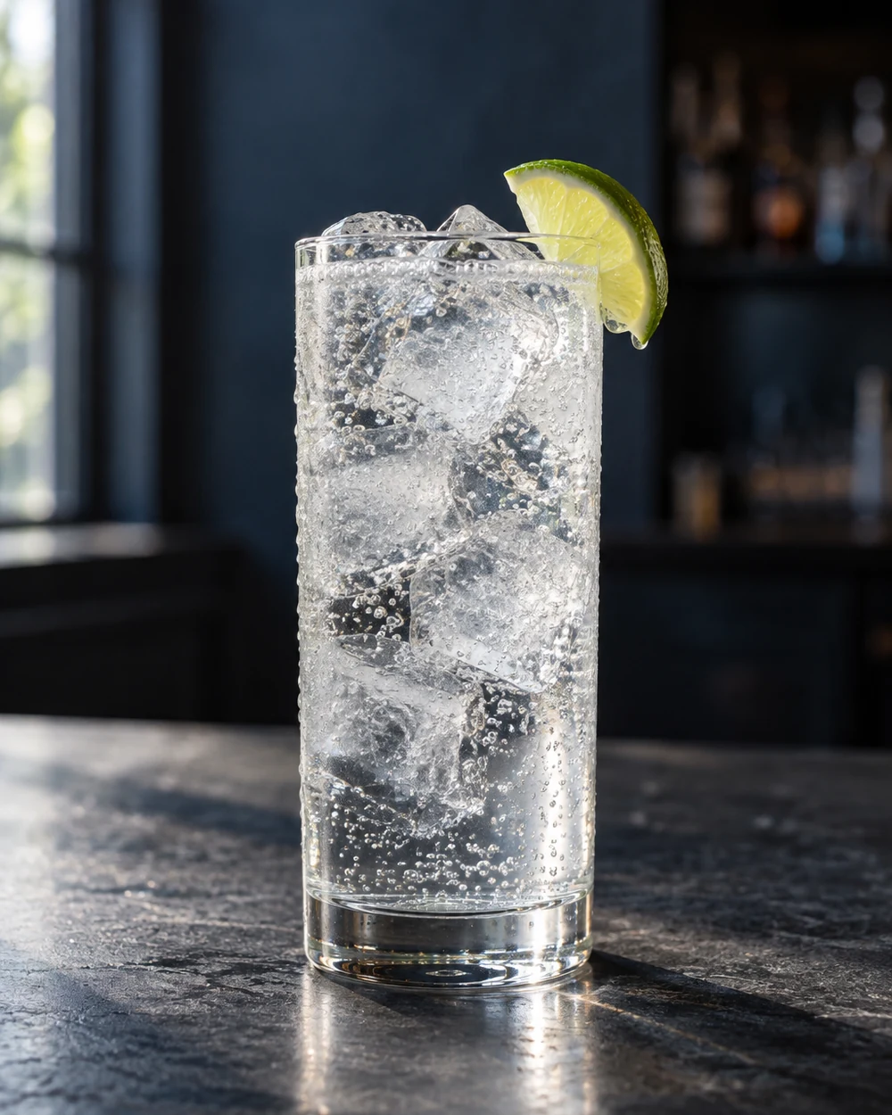 Коктейль Джин-тонік (Gin Tonic) у хайболі з льодом і часточкою лайма на темній барній стійці