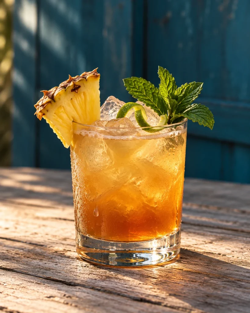 Коктейль Май Тай (Mai Tai) у склянці рокс з льодом, часточкою ананаса, гілочкою м’яти і цедрою лайма