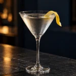 Коктейль Мартіні (Dry Martini) у класичному коктейльному келиху з лимонною цедрою на темній барній стійці