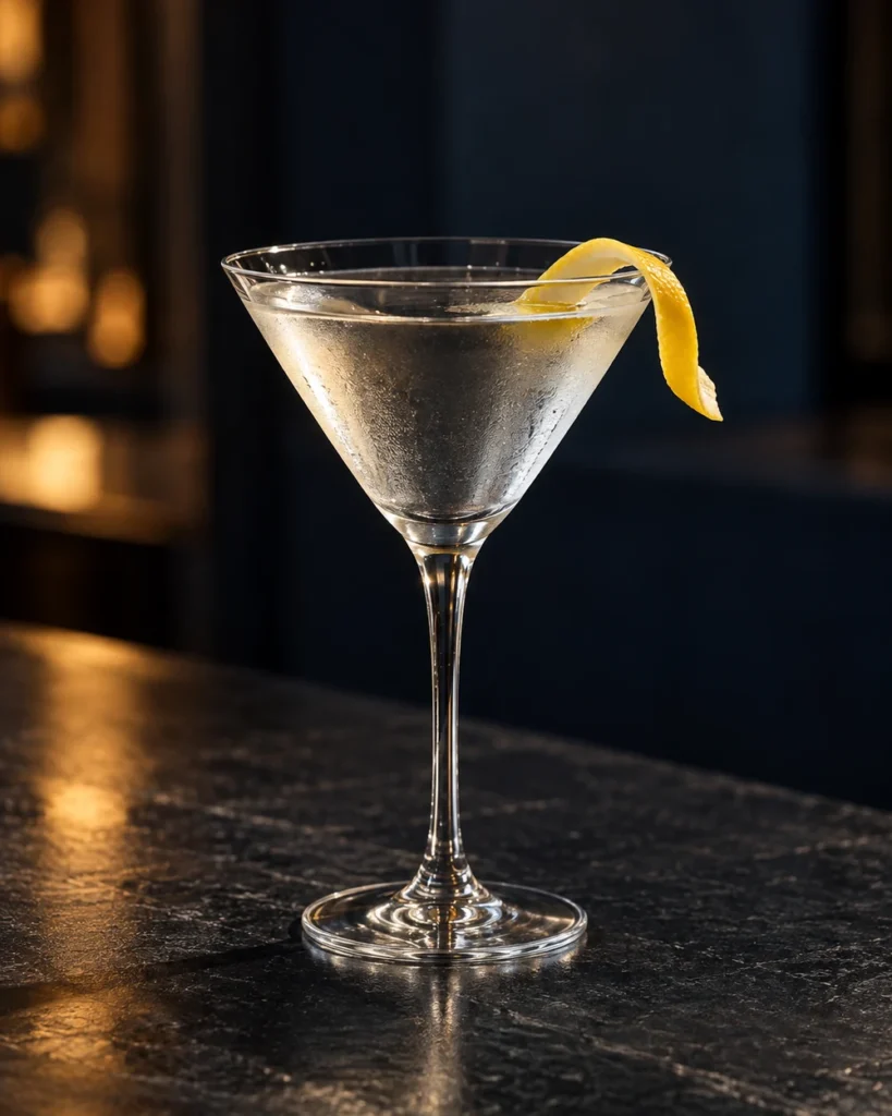 Коктейль Мартіні (Dry Martini) у класичному коктейльному келиху з лимонною цедрою на темній барній стійці