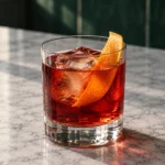 Коктейль Негроні (Negroni) у склянці рокс з великим кубиком льоду та апельсиновою цедрою на мармуровій барній стійці