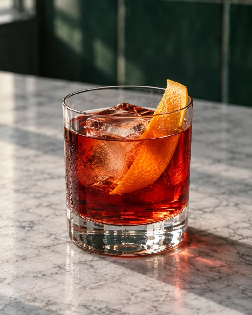 Коктейль Негроні (Negroni) у склянці рокс з великим кубиком льоду та апельсиновою цедрою на мармуровій барній стійці