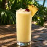 Коктейль Піна колада (Pina Colada) у хайболі з часточкою ананаса і коктейльною вишнею на столі з темного дерева в пляжному барі
