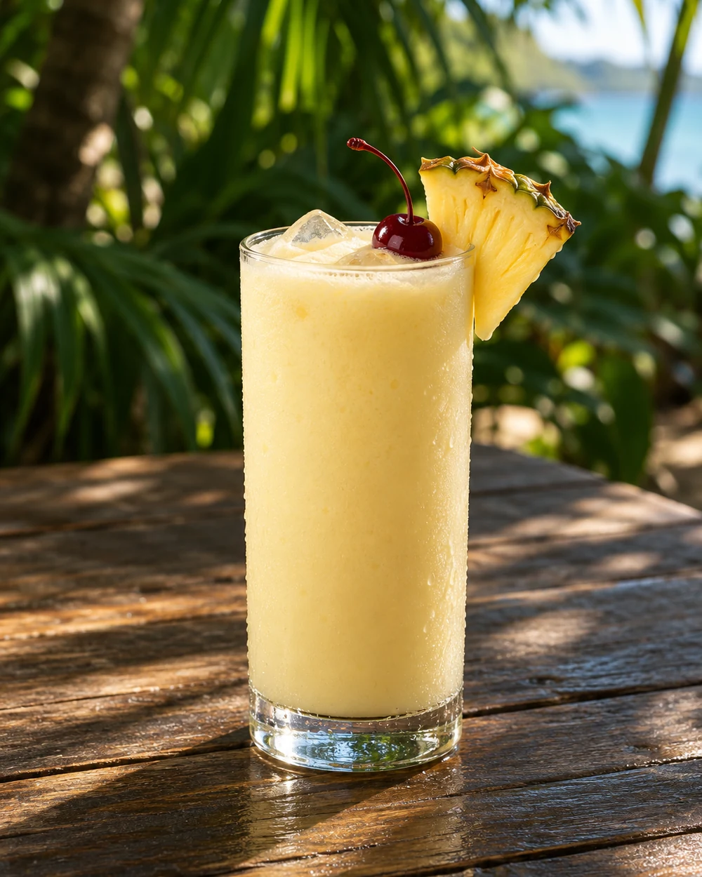 Коктейль Піна колада (Pina Colada) у хайболі з часточкою ананаса і коктейльною вишнею на столі з темного дерева в пляжному барі
