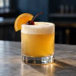 Коктейль Віскі сауер (Whiskey Sour) у склянці олд-фешен з пінкою з яєчного білка, скибочкою апельсина і коктейльною вишнею