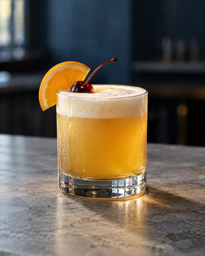 Коктейль Віскі сауер (Whiskey Sour) у склянці олд-фешен з пінкою з яєчного білка, скибочкою апельсина і коктейльною вишнею