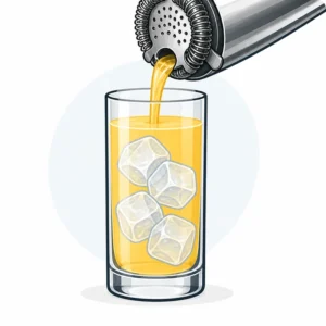 Процідіть коктейль через стрейнер в охолоджений келих Highball Glass, наповнений кубиками льоду;
